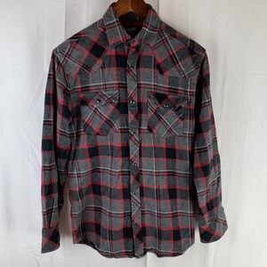 Gioberti Plaid Western Pearl Snap Shirt Mens Small Red Grey Flannel Long Sleeve
